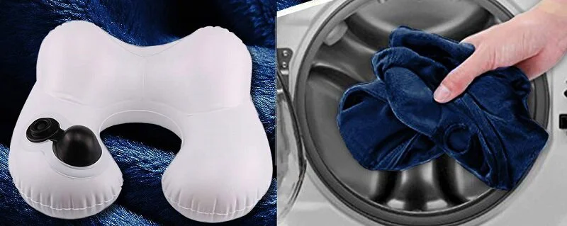 Vỏ gối hơi màu xanh tím than được tháo rời và đưa vào trong máy giặt 